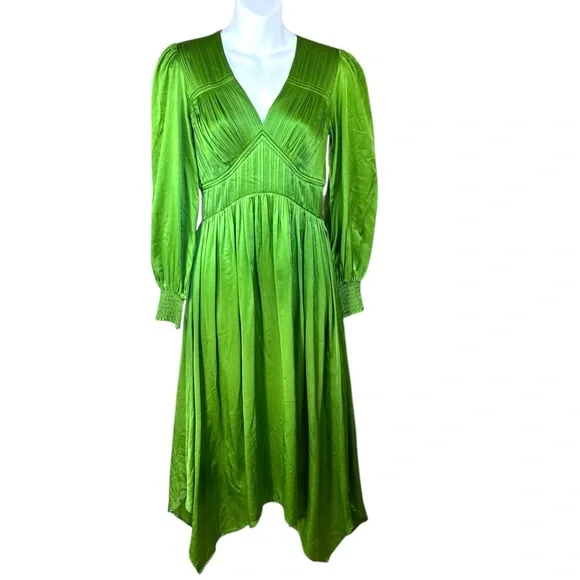 All Saints SZ 0 The‎ Estelle Green  Long Sleeve V-Neck asymmetrical midi dress - Picture 4 of 16